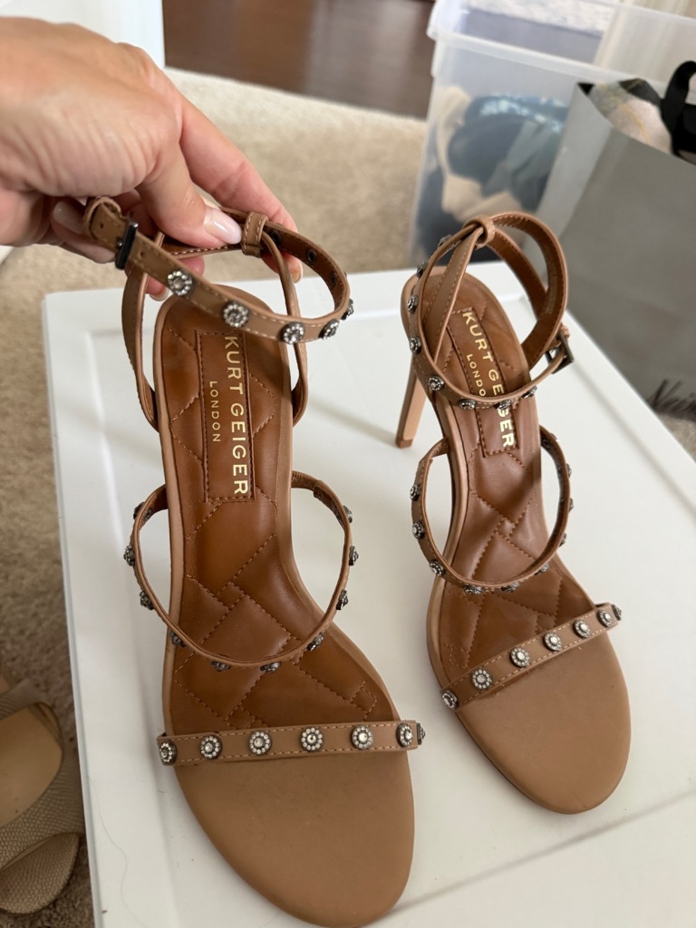 Kurt Geiger Brown Studded Leather Strappy Heels